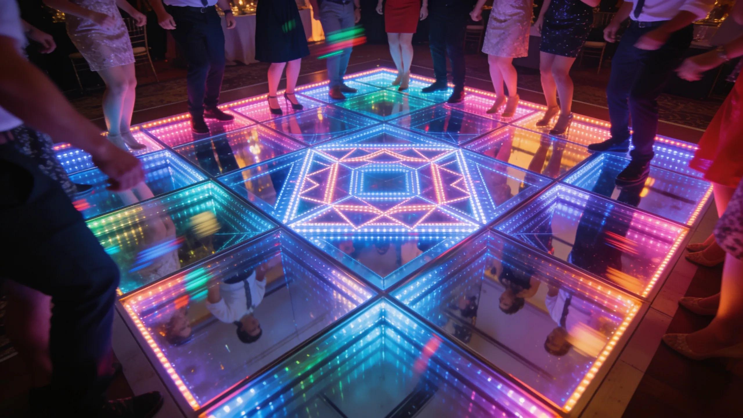 LED infinity mirror dance floor with vibrant lighting and guests dancing at a wedding celebration.