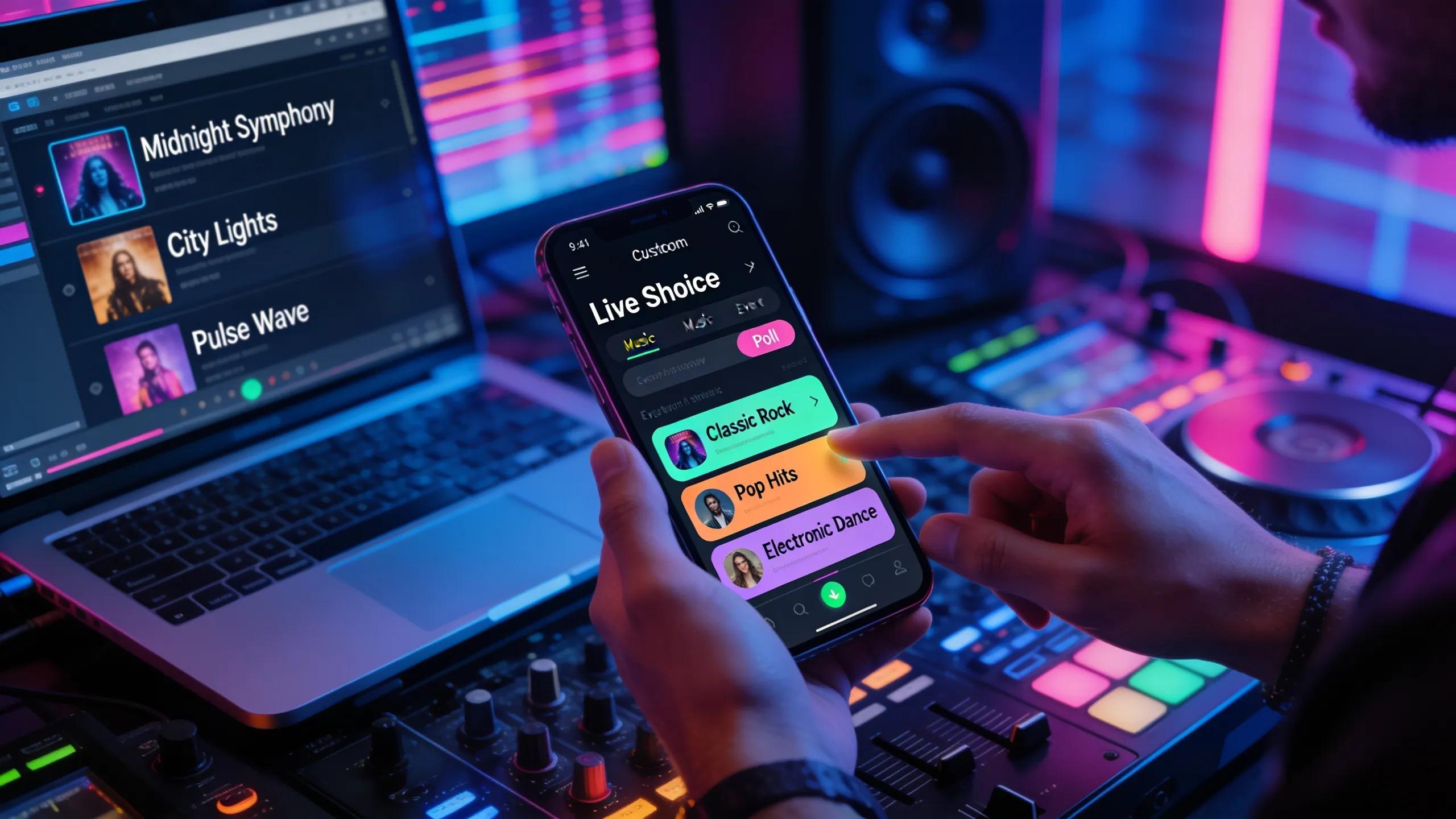 DJ using laptop and mobile app for custom music selection and interactive polling at a