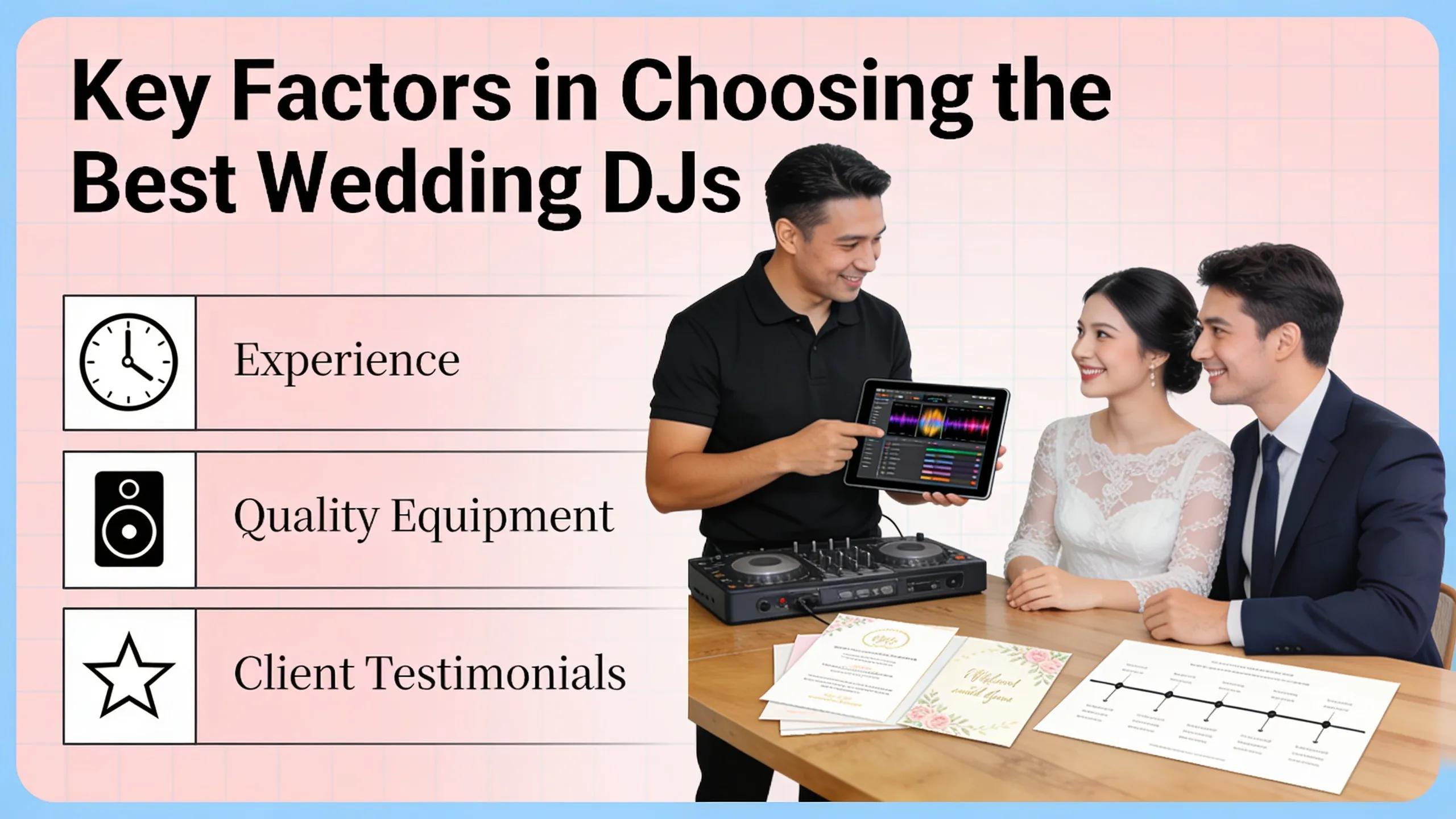 Wedding DJ and couple reviewing equipment, experience, and client testimonials for event planning.