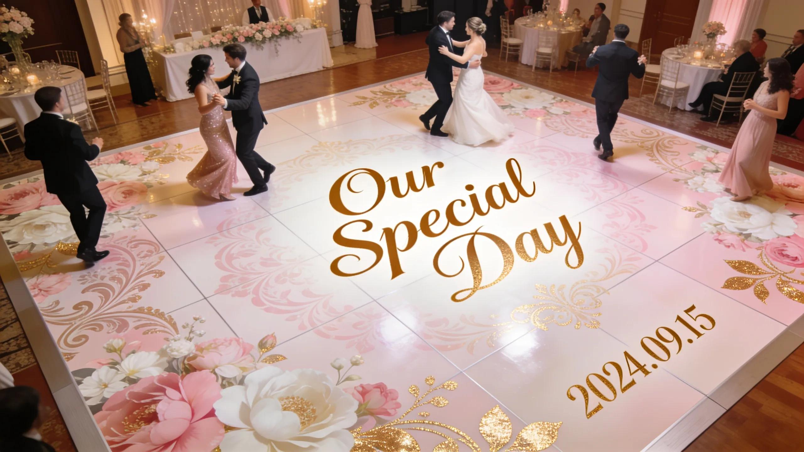 Custom vinyl dance floor wrap with floral design and personalized wedding message "Our Special Day