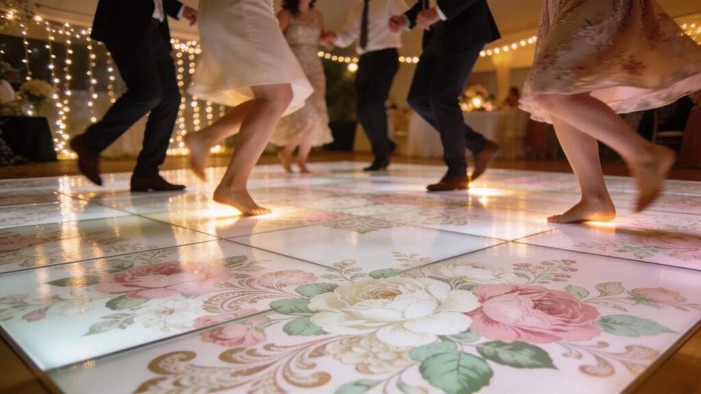 Custom floral vinyl dance floor wrap at a wedding celebration in the DMV area.