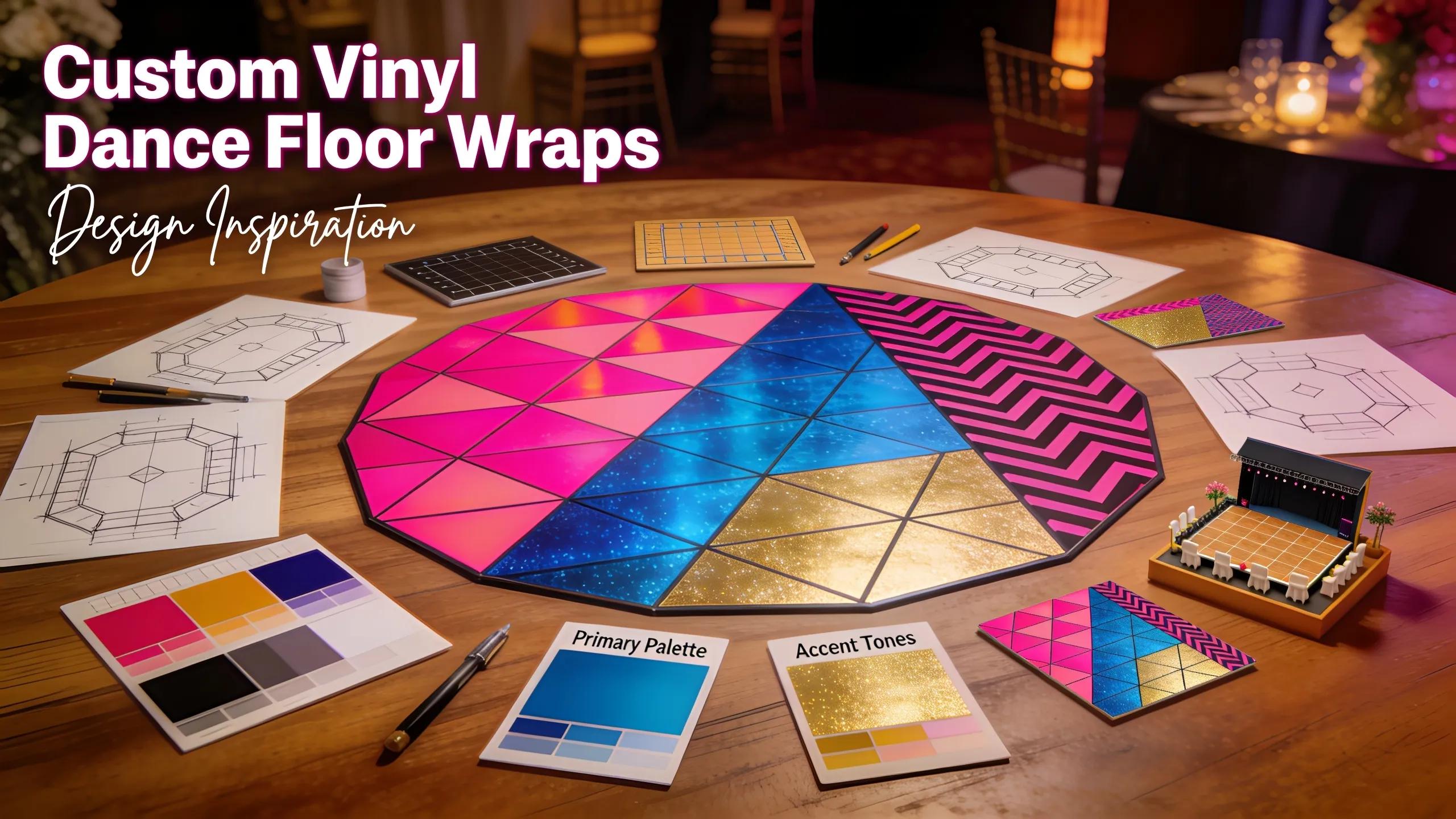 Custom vinyl dance floor wraps design inspiration with color palettes and sketches for event styling.