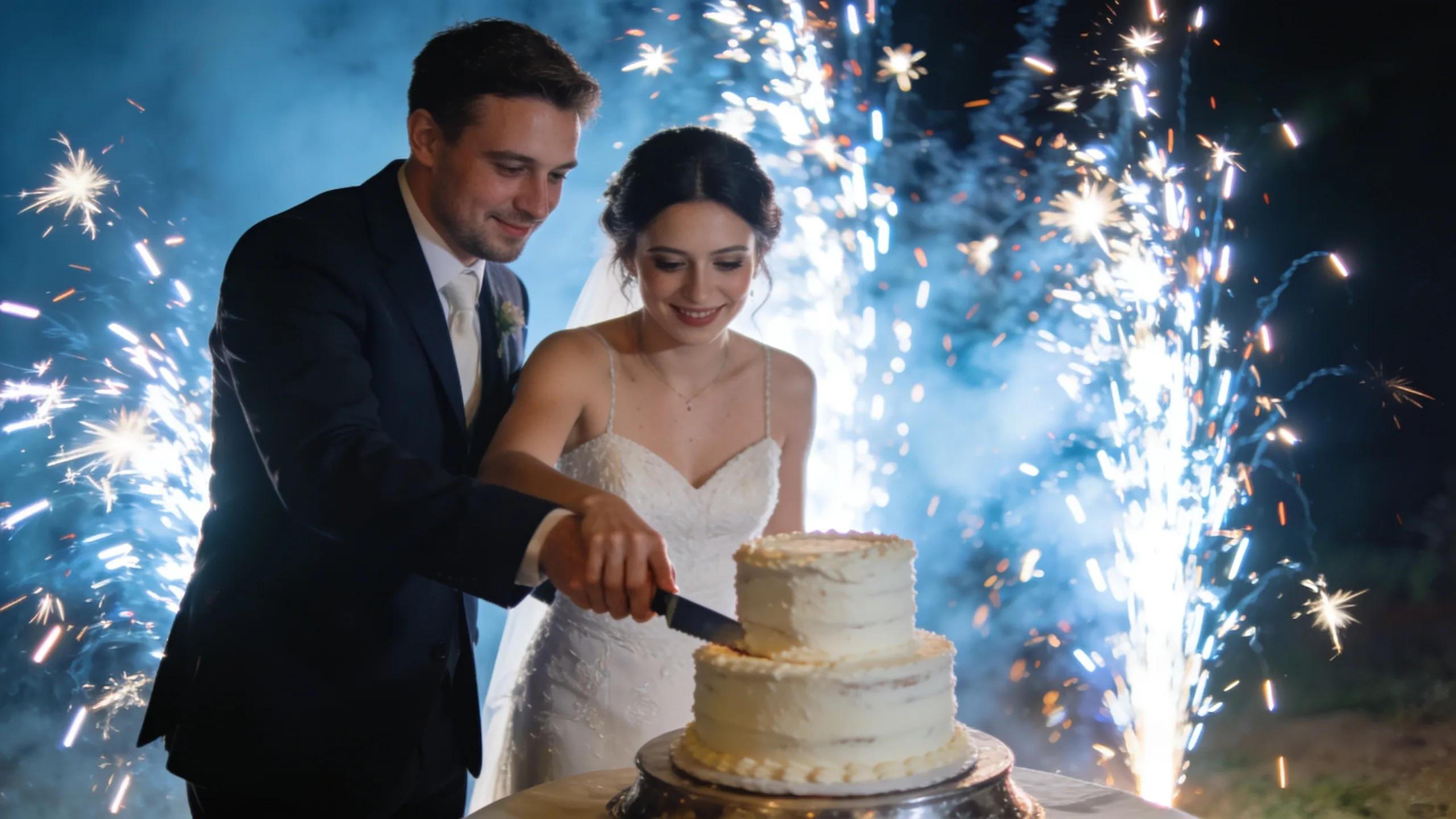 Cold sparklers enhancing a cake cutting ceremony at a wedding, creating a visually striking experience