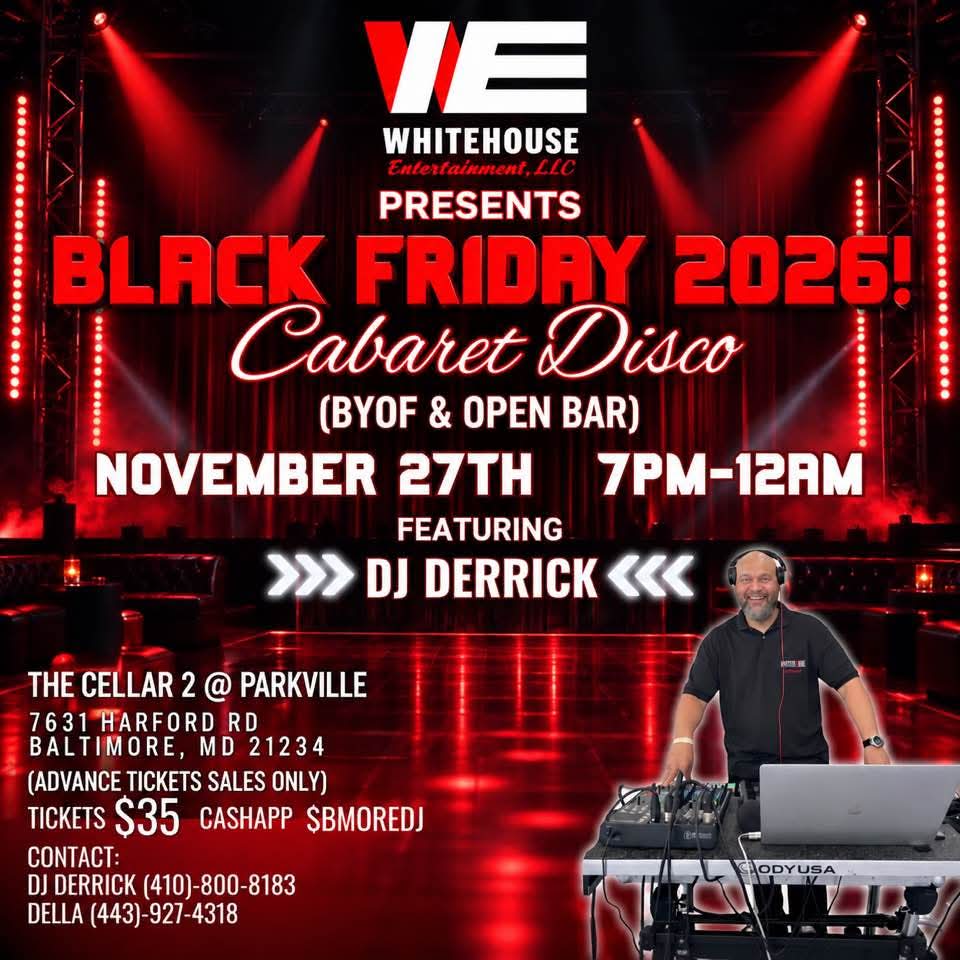 Black Friday 2026 Cabaret Disco Baltimore Event Flyer featuring DJ Derrick